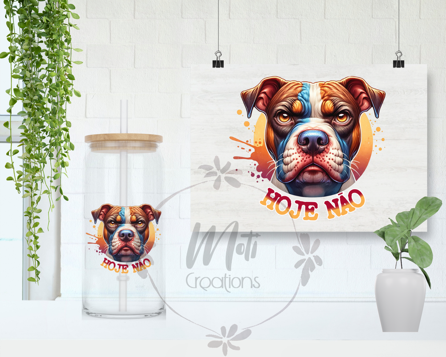 a picture of a dog on a wall next to a plant