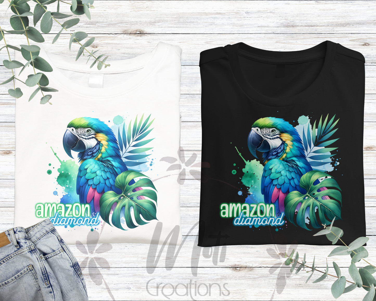 a pair of t - shirts with a parrot on it