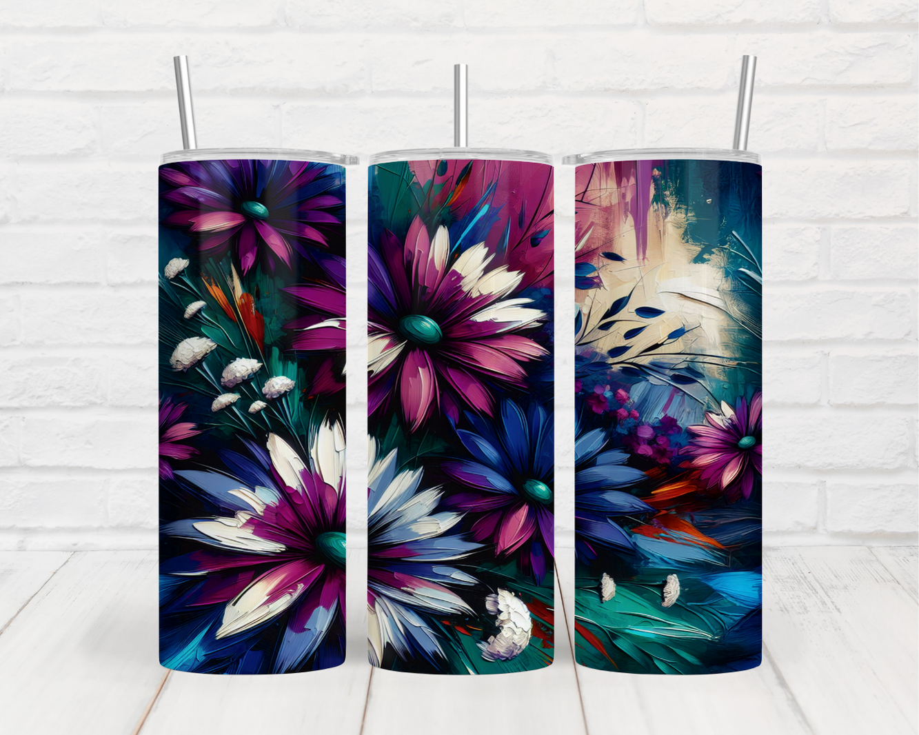 three vases with colorful flowers painted on them