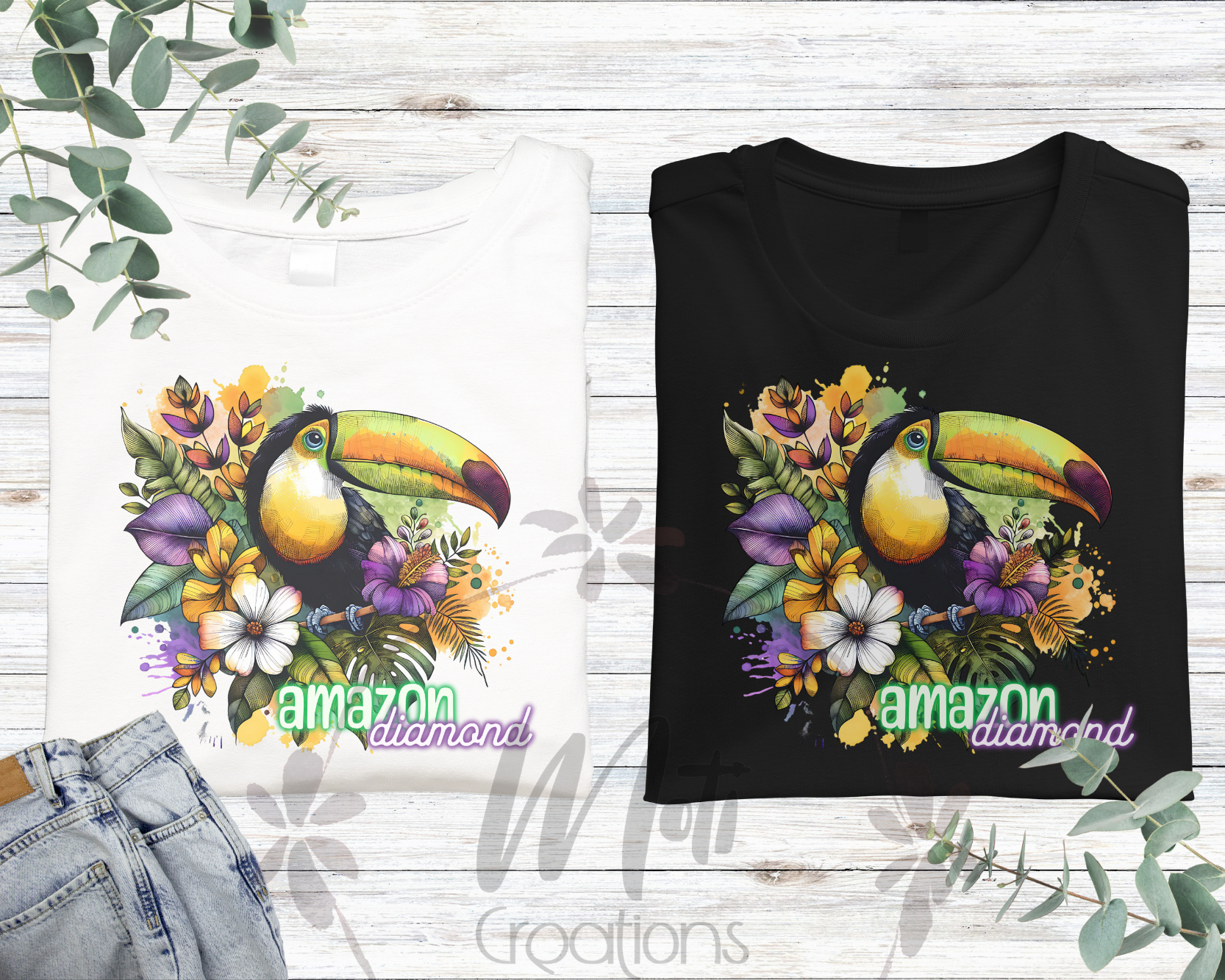 two t - shirts with a toucan and flowers on them