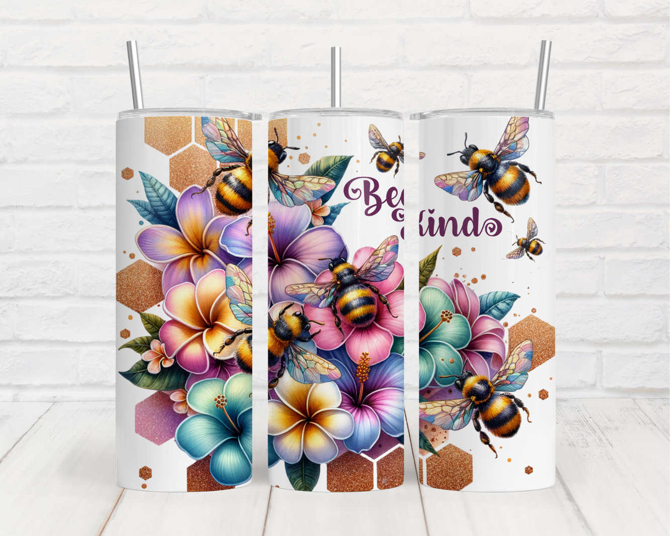 three tumbles with bees and flowers on them