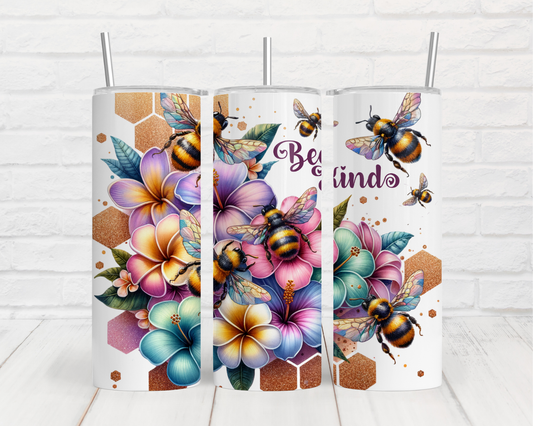 three tumbles with bees and flowers on them