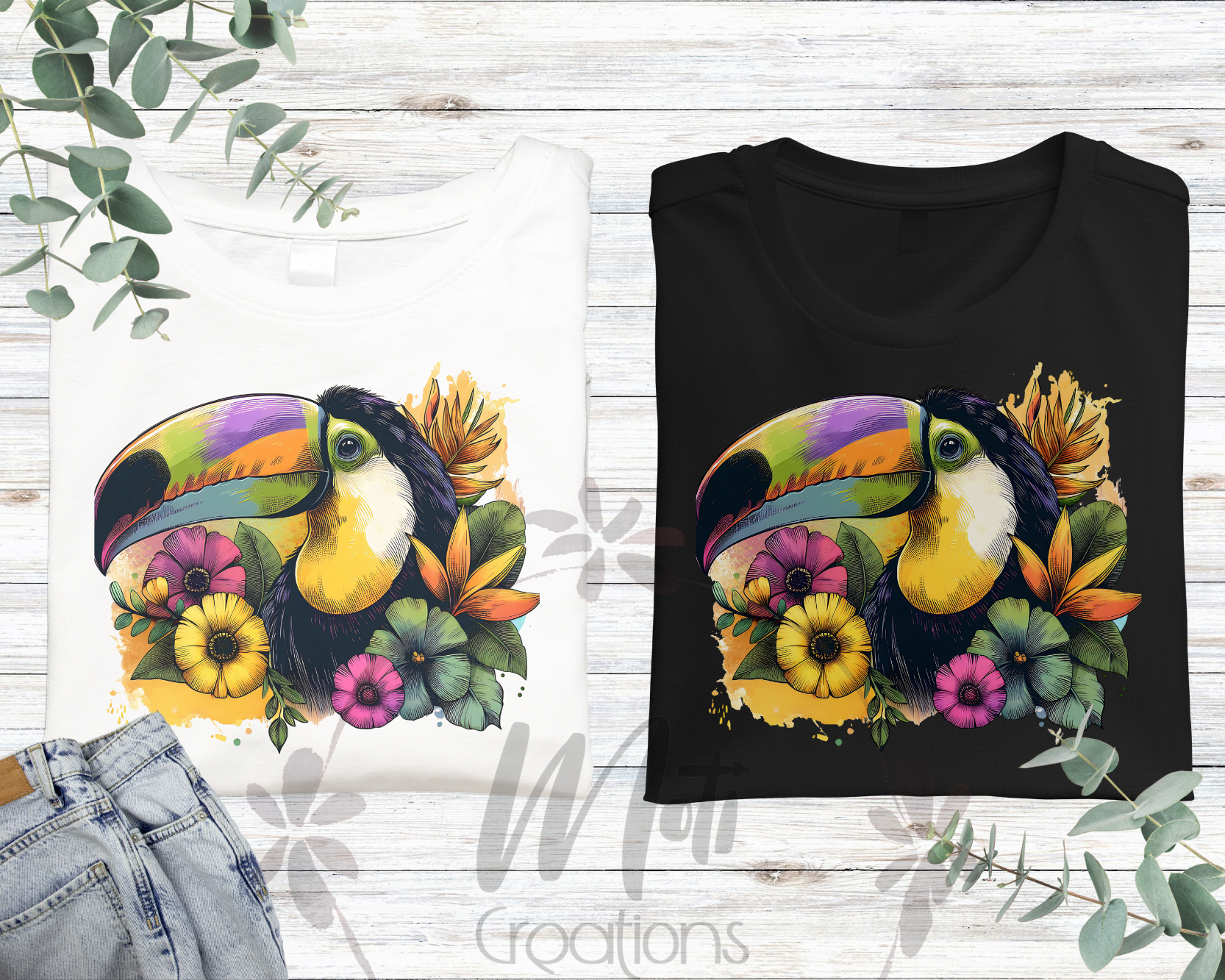a t - shirt with a toucan and flowers on it