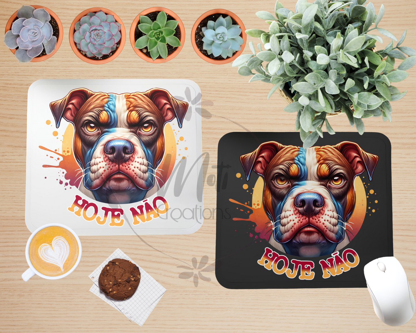 a picture of a dog on a placemat next to a potted plant