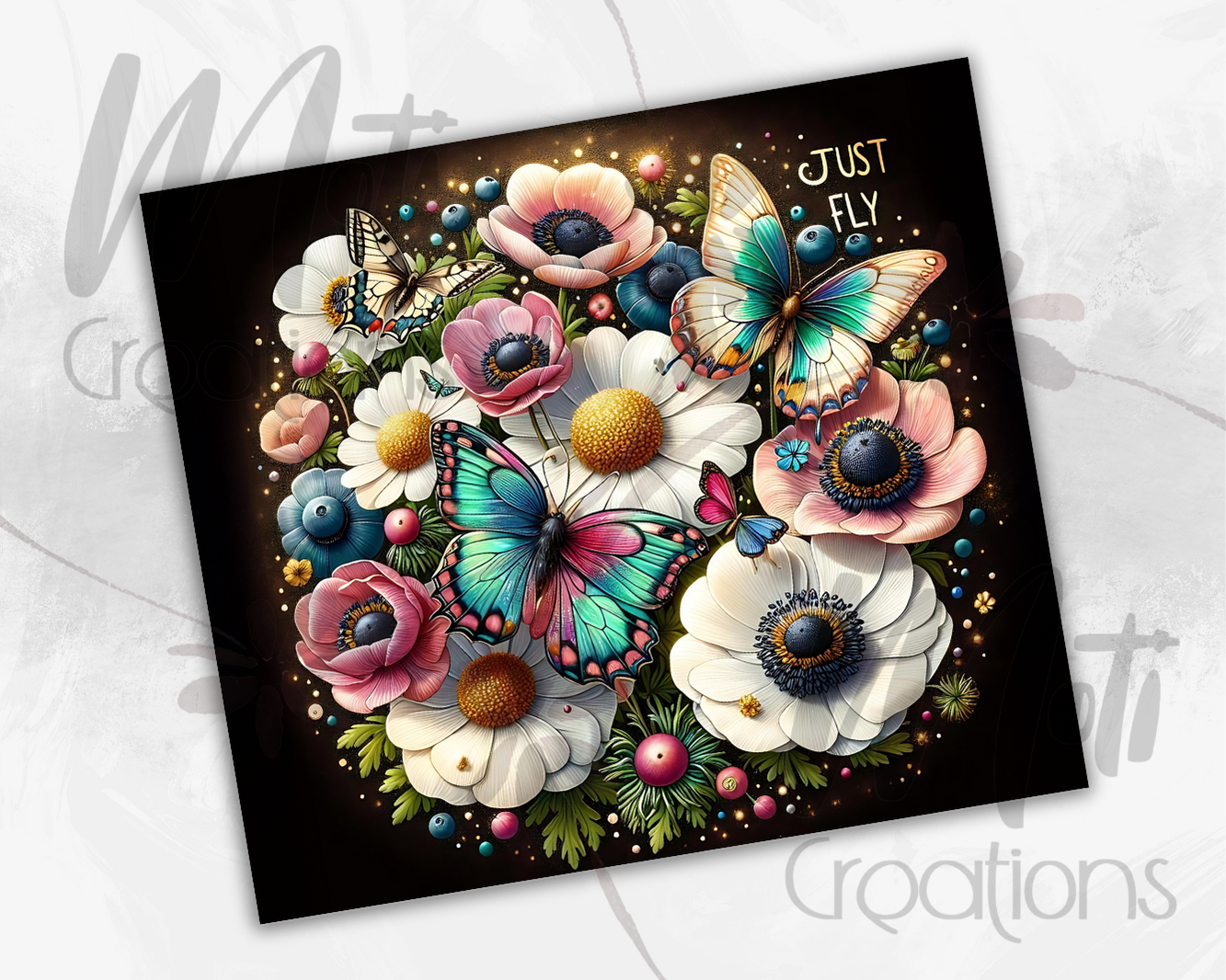 a picture of a bouquet of flowers with butterflies