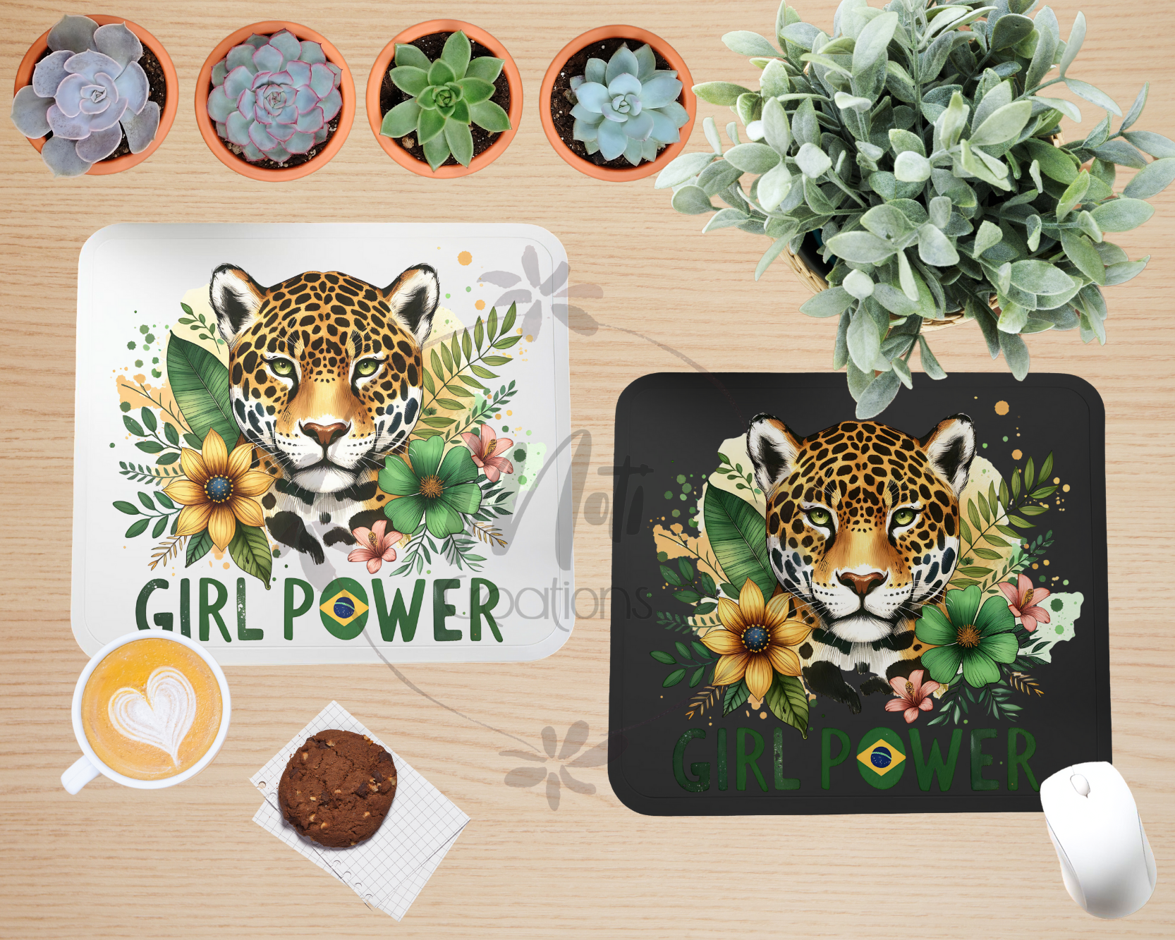 a picture of a tiger on a table with flowers and plants