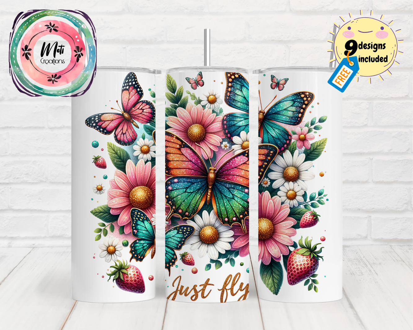 a set of three water bottles with butterflies and flowers on them