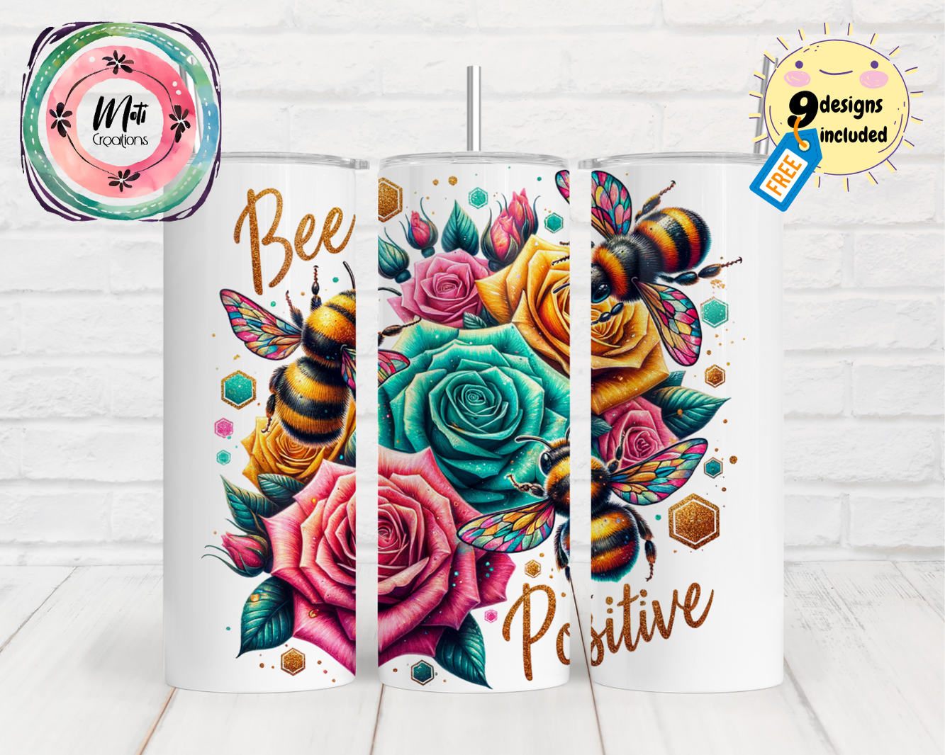 three white tumbles with colorful roses and bees on them