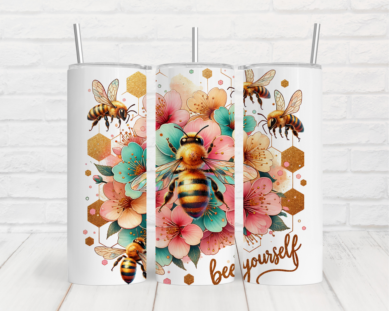 three tumbles with bees and flowers on them