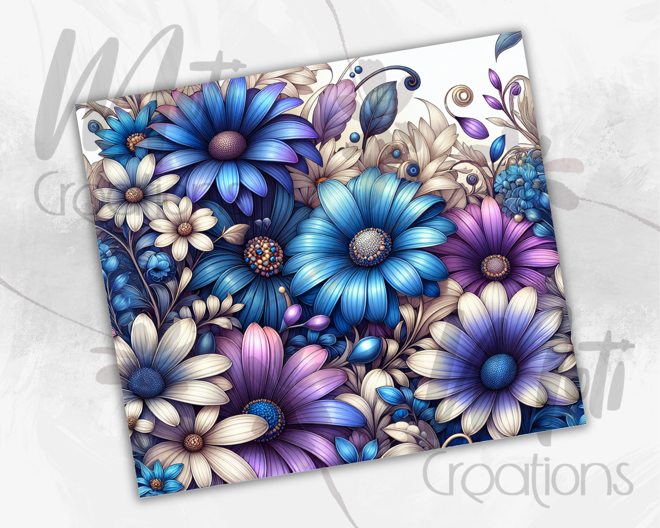 a painting of blue and purple flowers on a white background