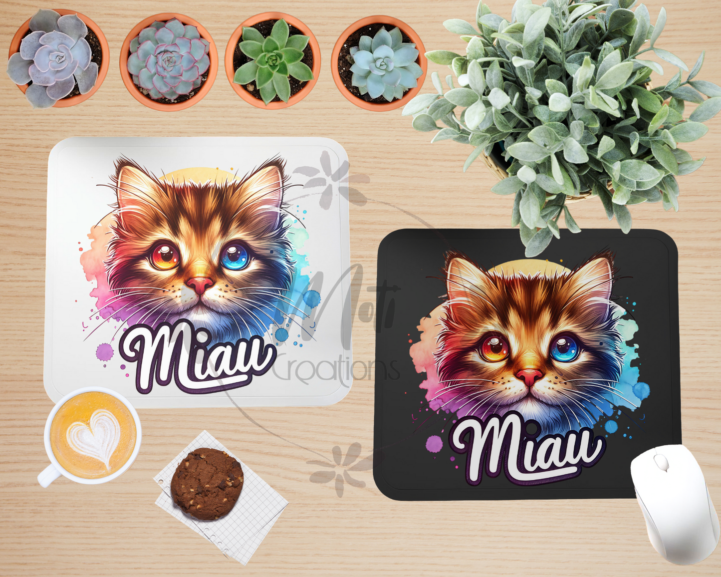 two placemats with a picture of a cat on them