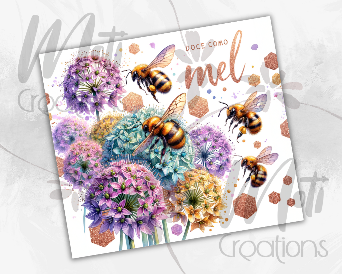 a card with a picture of bees and flowers