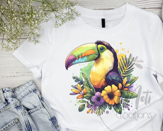 a t - shirt with a toucan and flowers on it