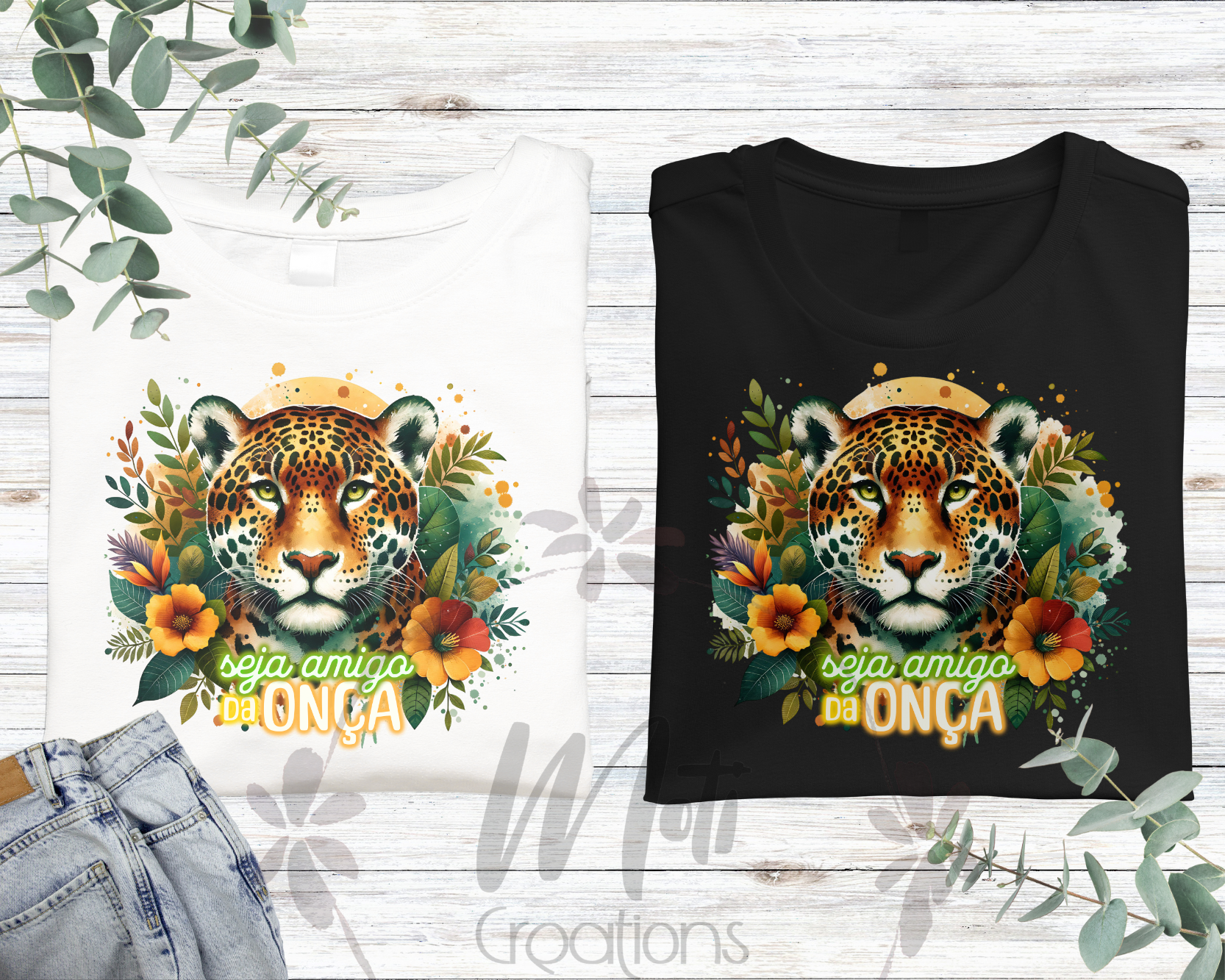two t - shirts with a tiger and flowers on them