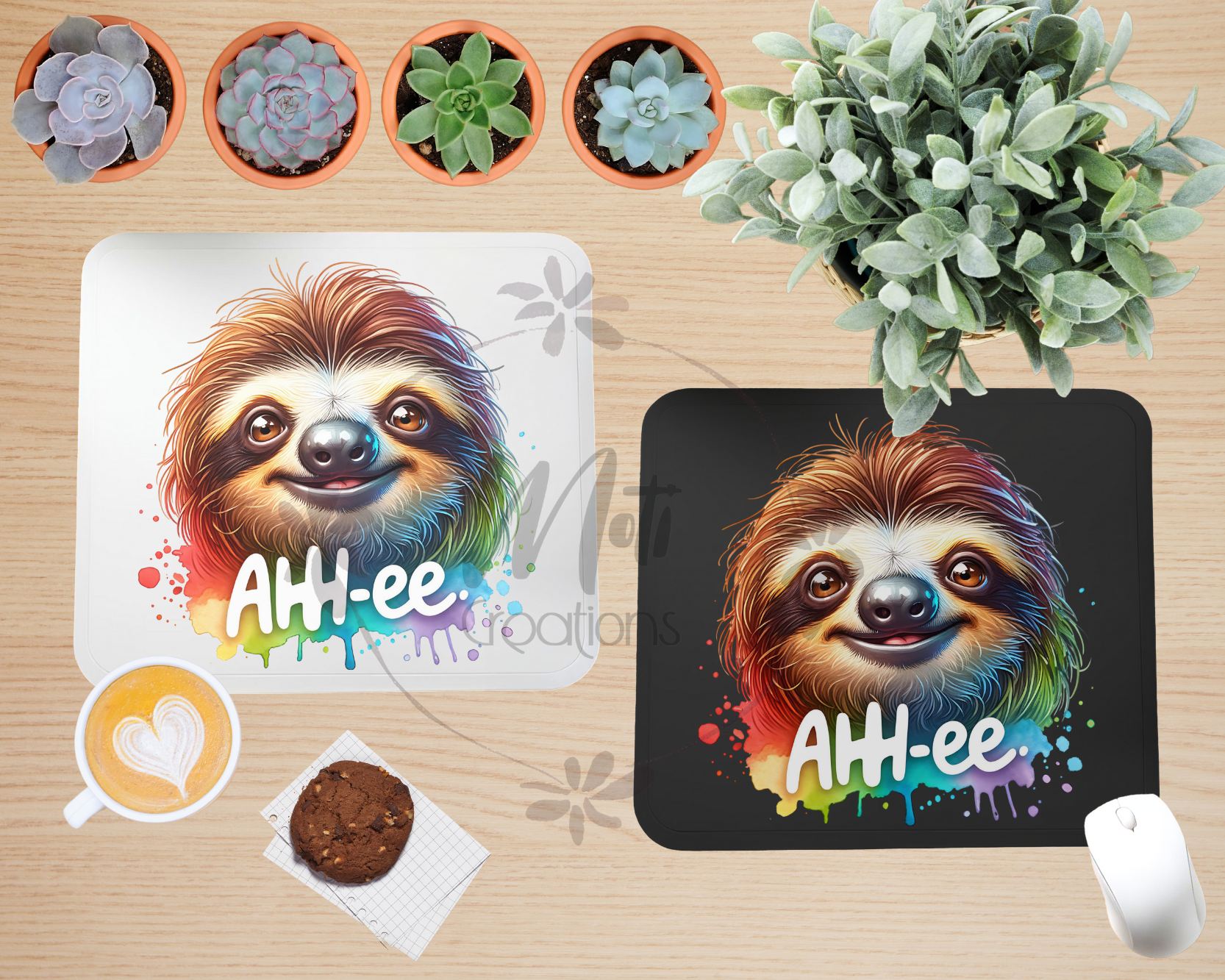 a picture of a sloth on a placemat next to a potted plant