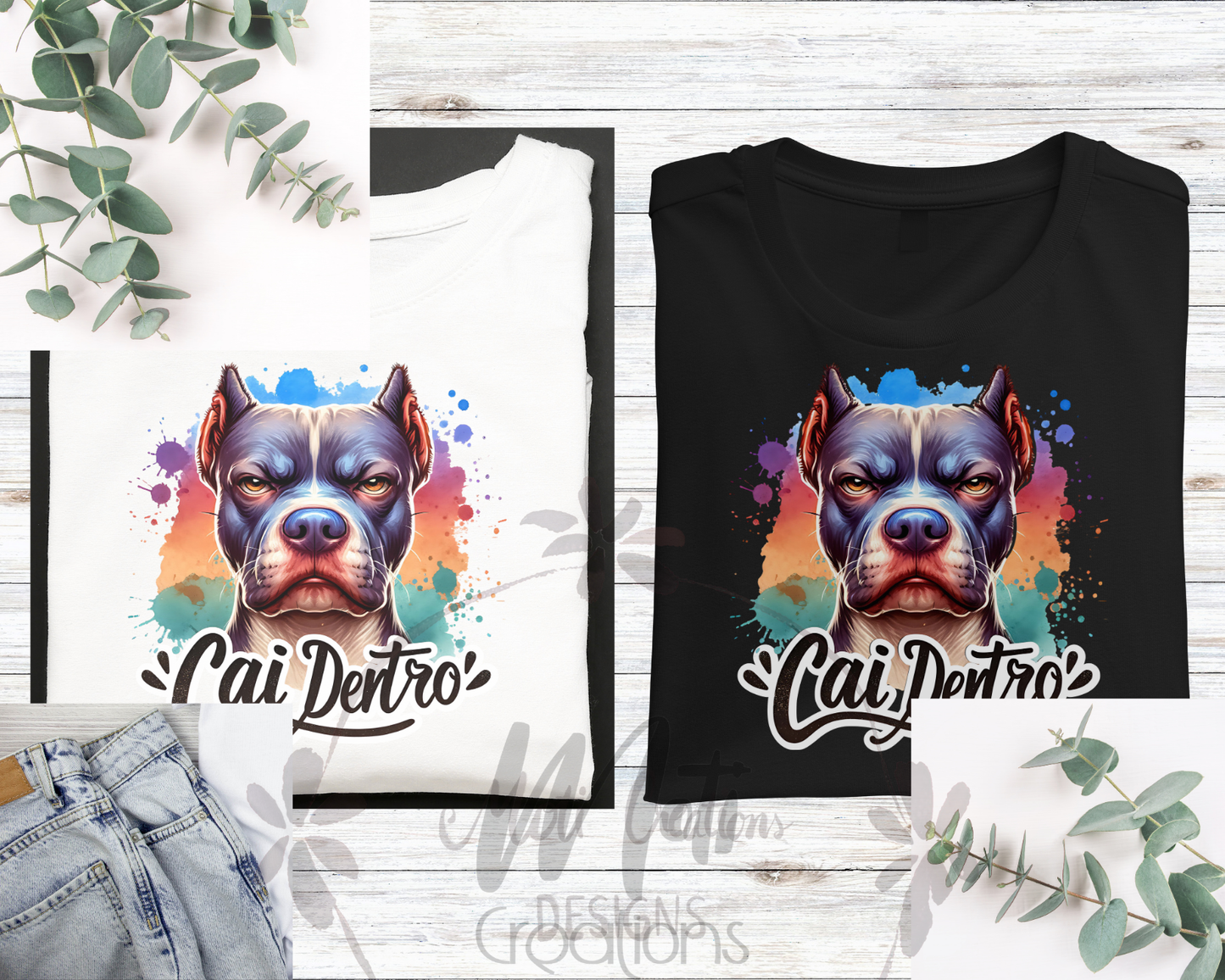two t - shirts with a dog's face on them