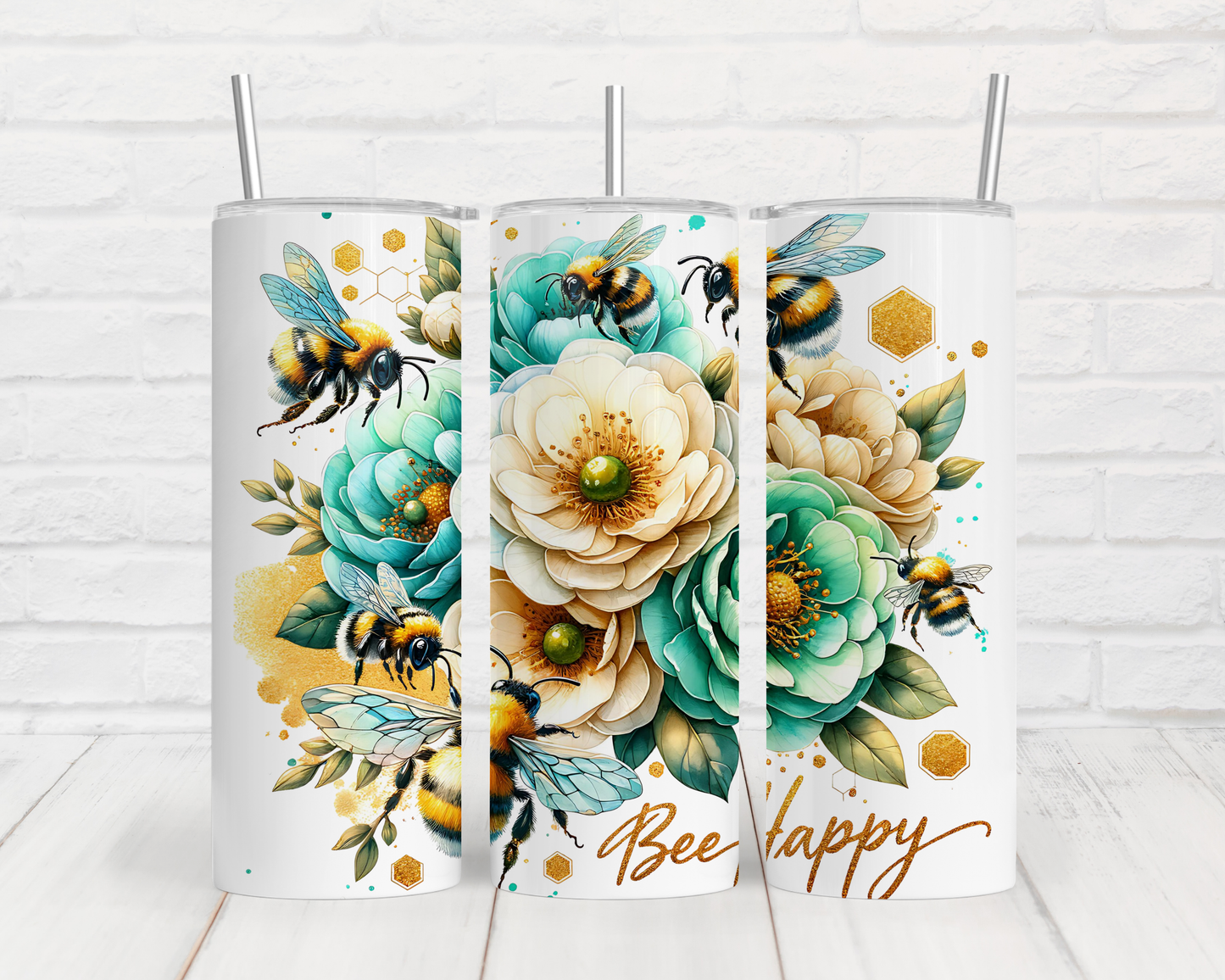 Positive Affirmation Bee Happy Seamless Design - 20oz / 600ml Skinny Tumbler Wrap PNG Sublimation Design UVTDF Instant Download - DIGITAL ONLY