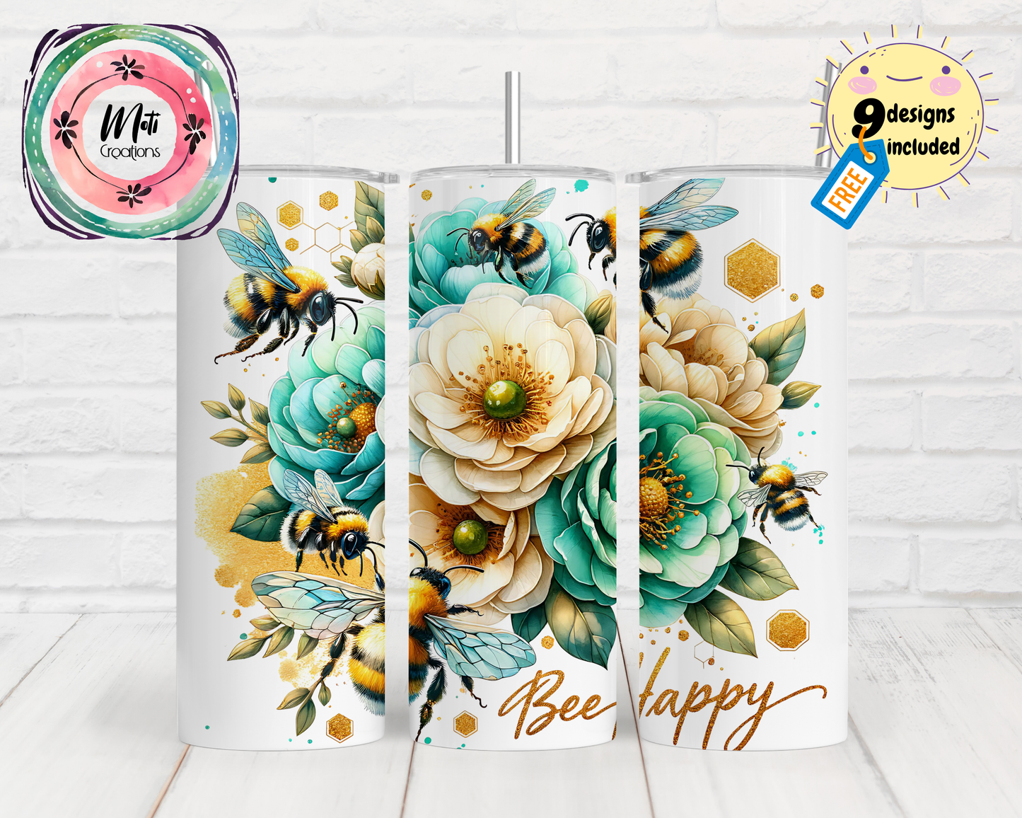 Positive Affirmation Bee Happy Seamless Design - 20oz / 600ml Skinny Tumbler Wrap PNG Sublimation Design UVTDF Instant Download - DIGITAL ONLY