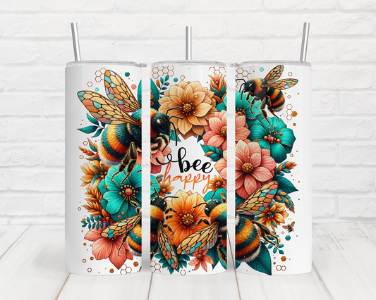 Positive Affirmation Bee Happy  Seamless Design - 20oz / 600ml Skinny Tumbler Wrap PNG Sublimation Design UVTDF Instant Download - DIGITAL ONLY