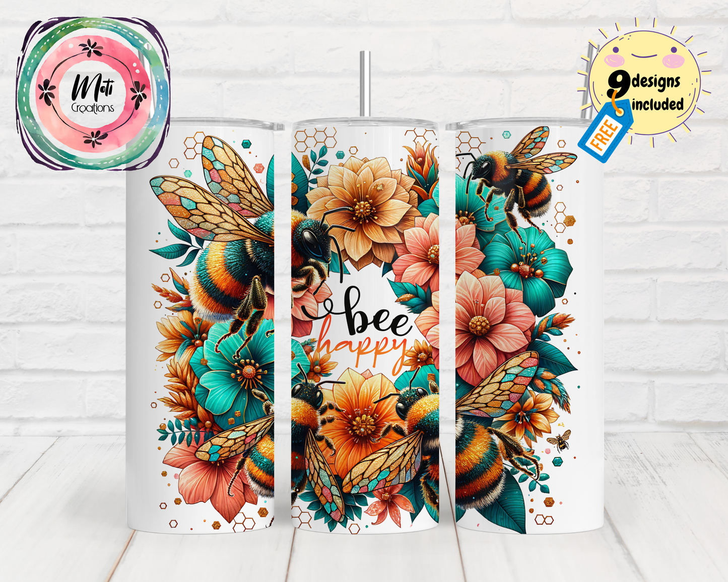 Positive Affirmation Bee Happy  Seamless Design - 20oz / 600ml Skinny Tumbler Wrap PNG Sublimation Design UVTDF Instant Download - DIGITAL ONLY