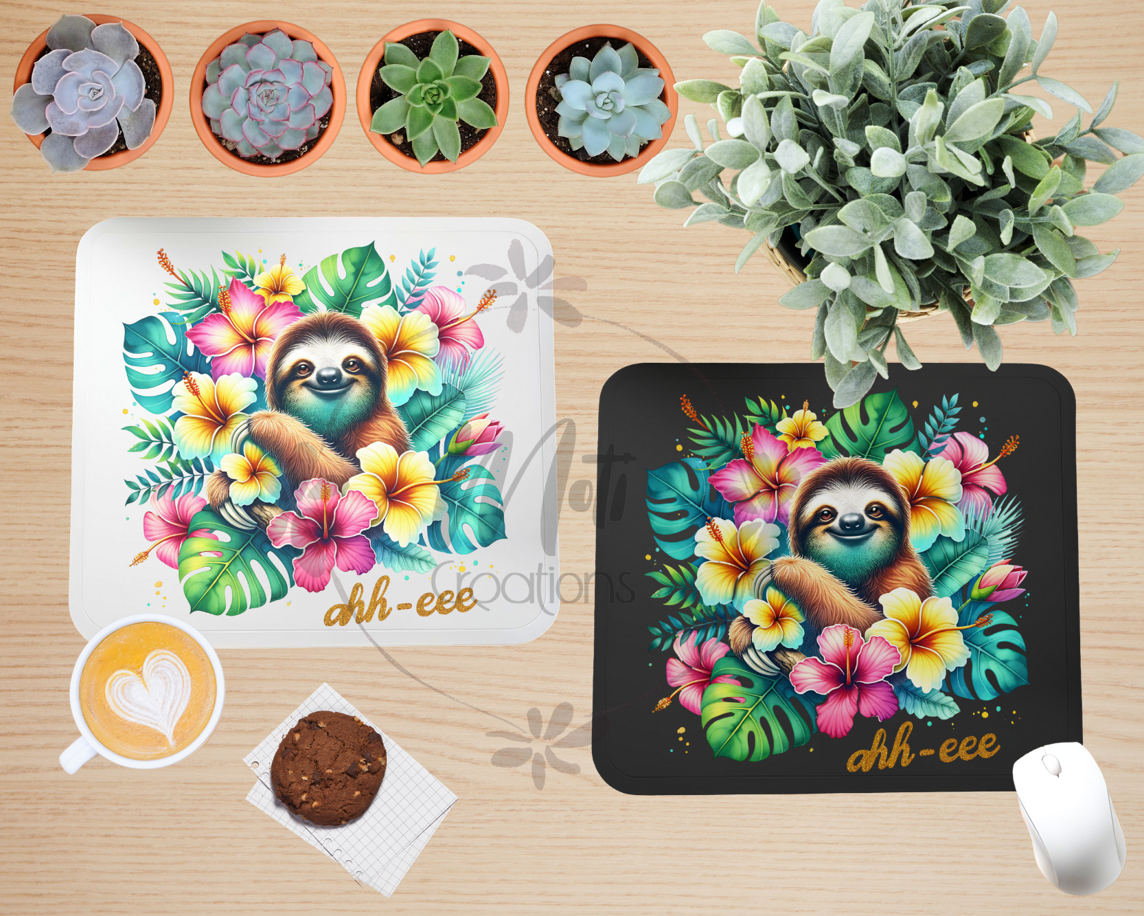 a plate with a picture of a sloth on it next to a potted