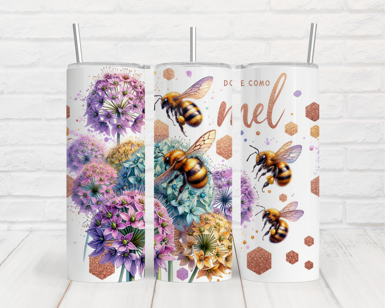 two tumbles with bees and flowers on them
