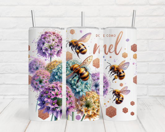 two tumbles with bees and flowers on them