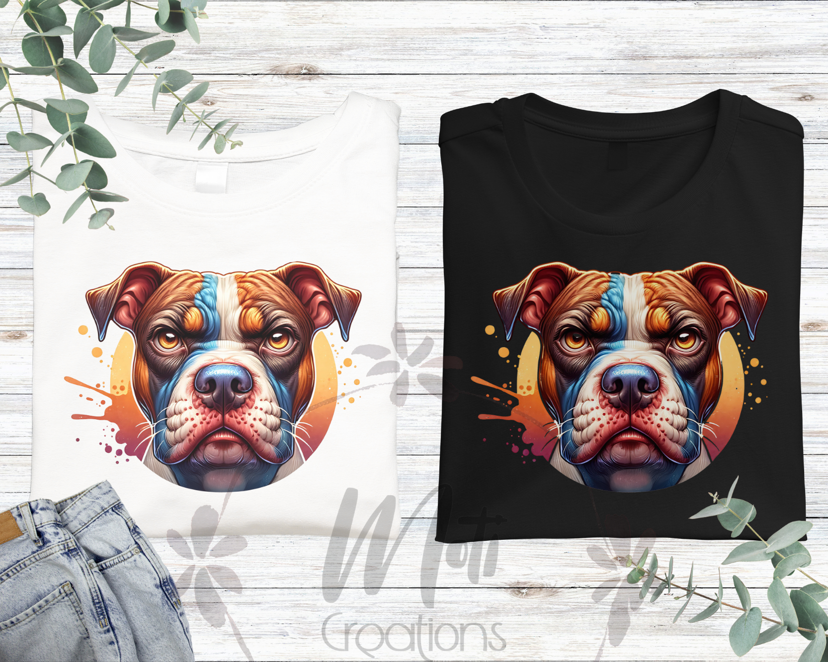 two t - shirts with a dog's face on them