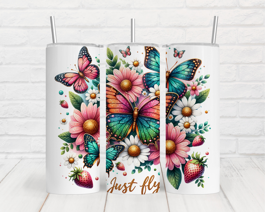three white tumbles with colorful butterflies and flowers on them