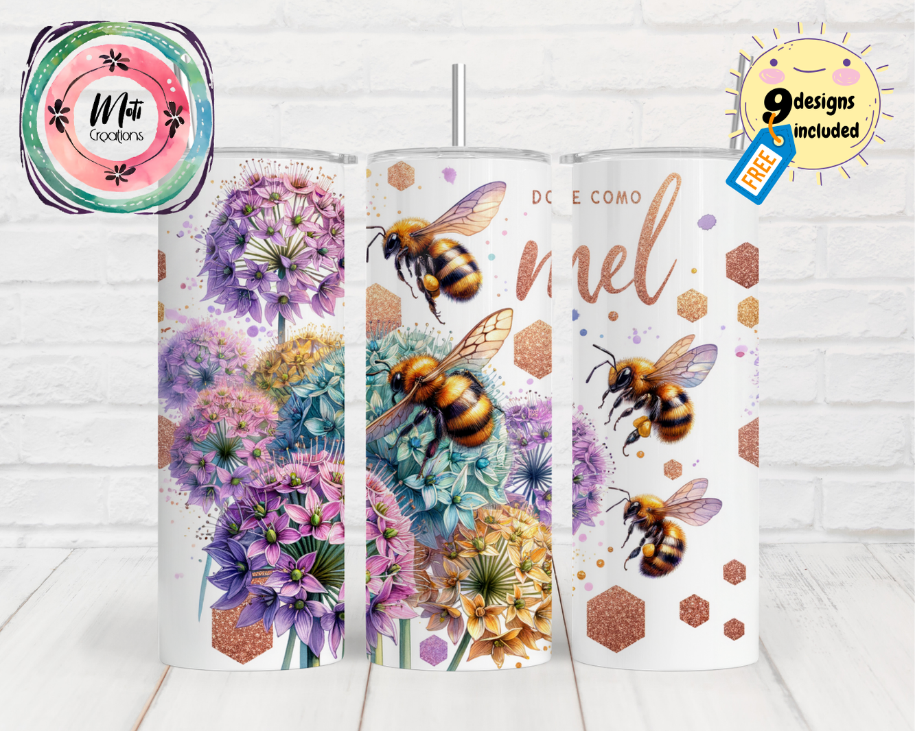 a set of three travel mugs with bees on them