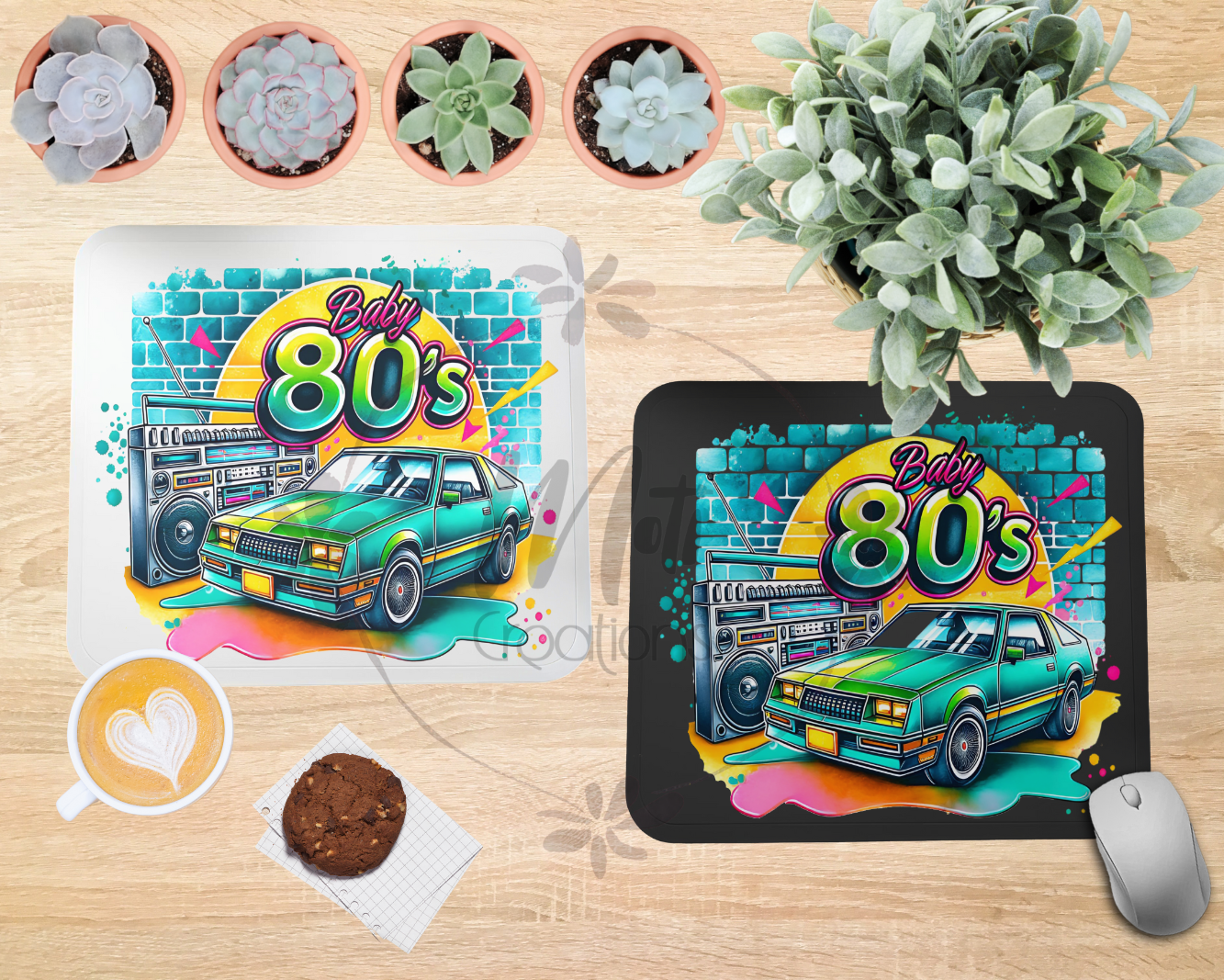 a couple of coasters sitting on top of a wooden table