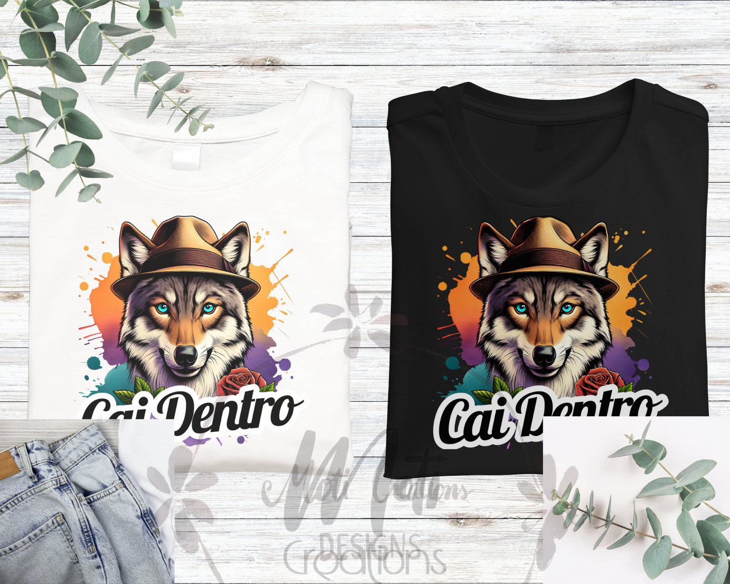 two t - shirts with a picture of a wolf wearing a hat