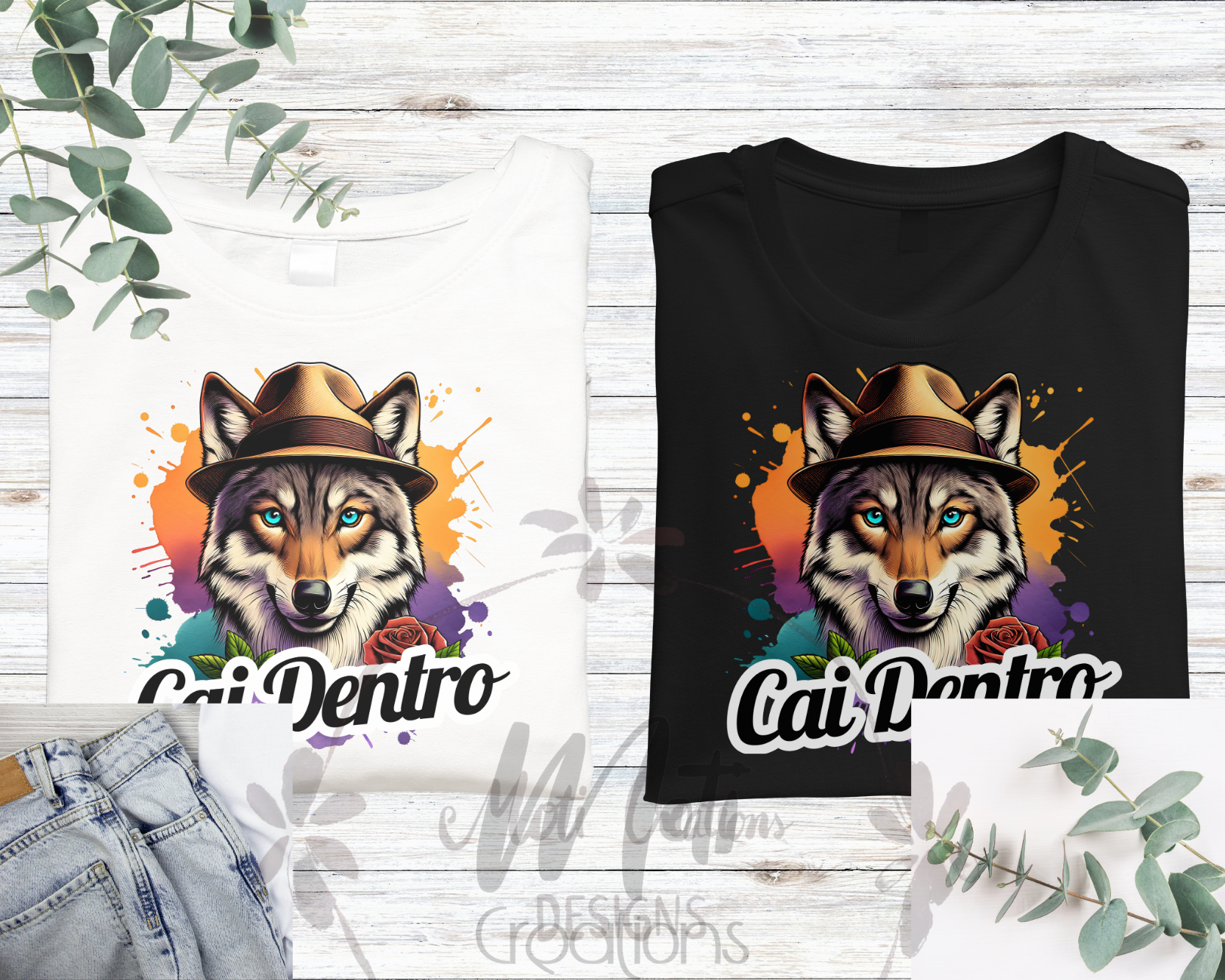 two t - shirts with a picture of a wolf wearing a hat