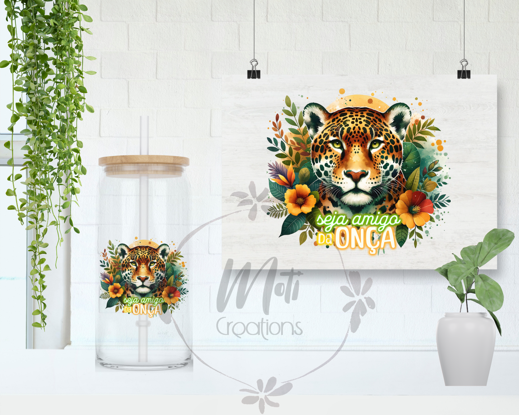 a picture of a tiger on a wall next to a plant