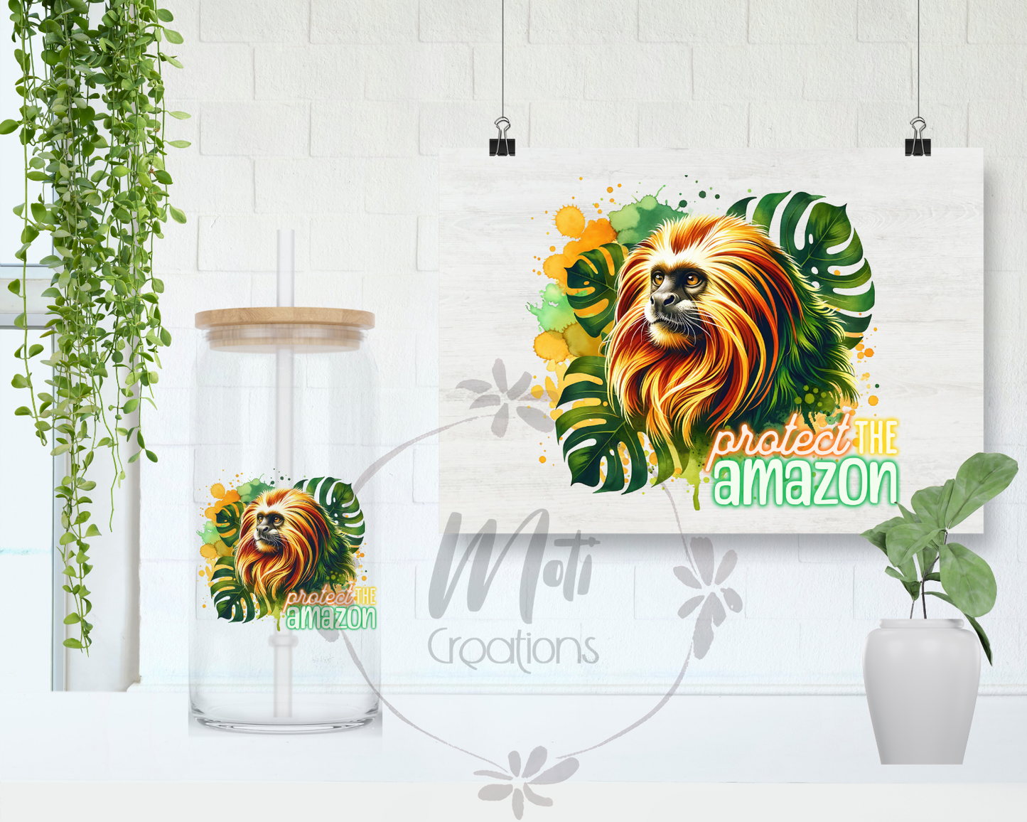 a picture of a lion on a wall next to a plant