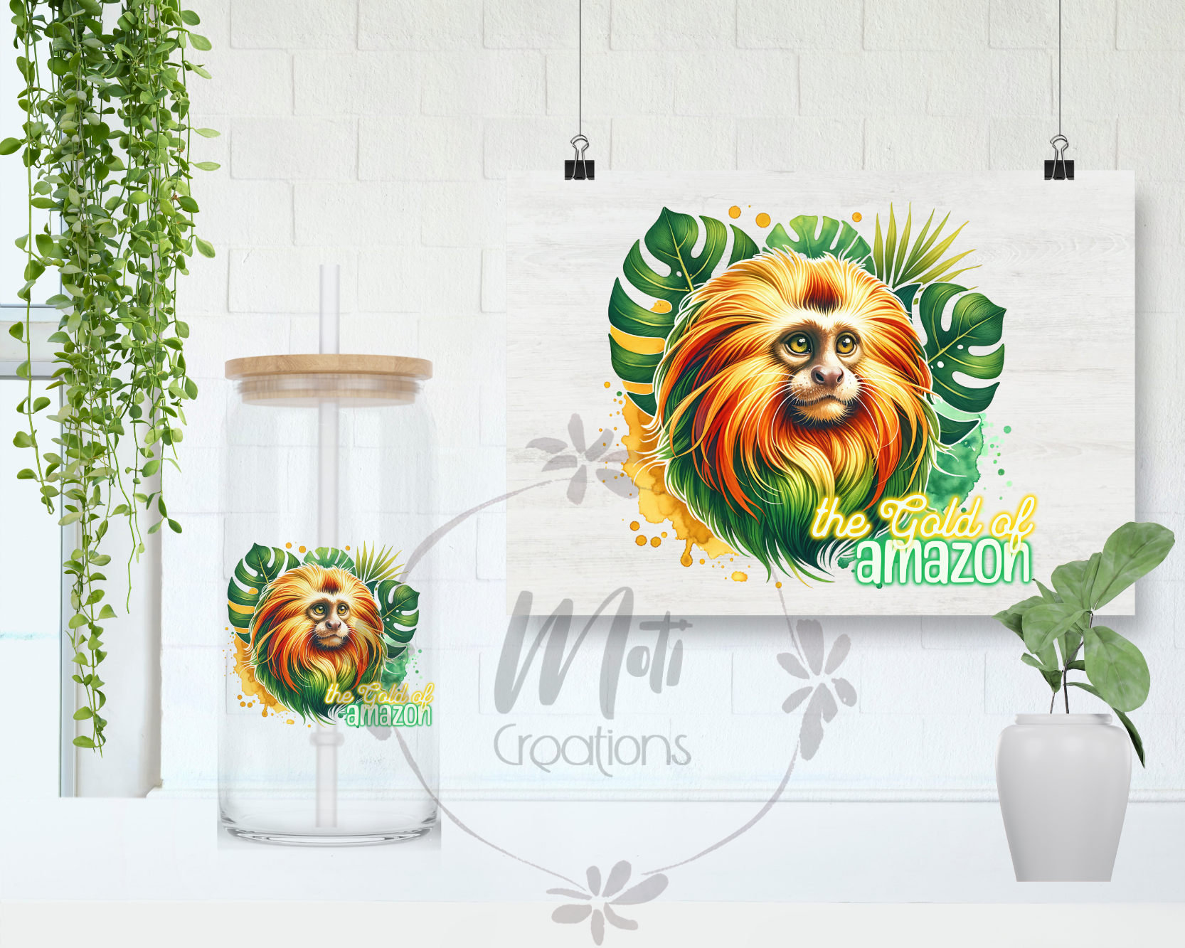 a picture of a lion on a wall next to a plant