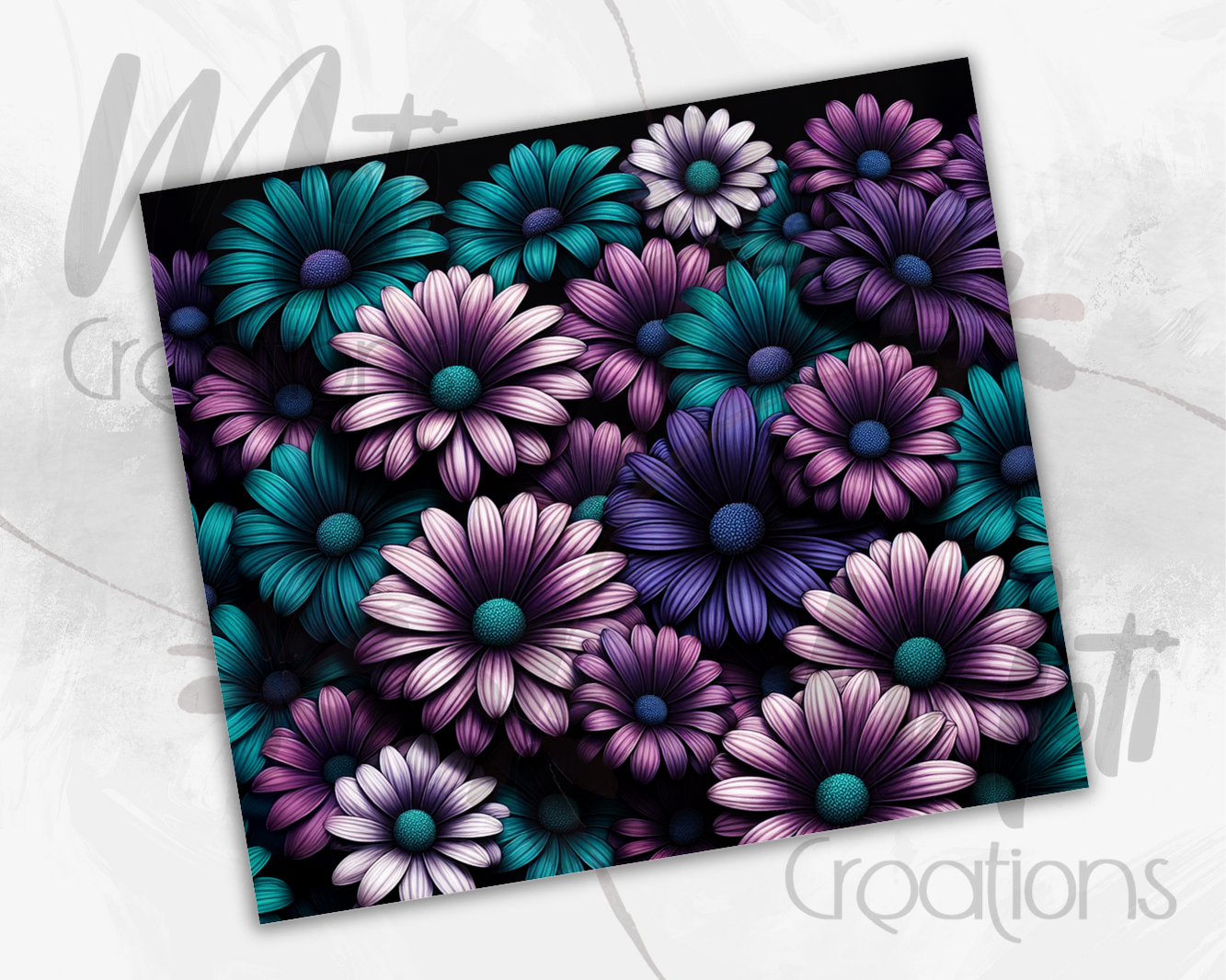 a painting of purple and blue flowers on a black background