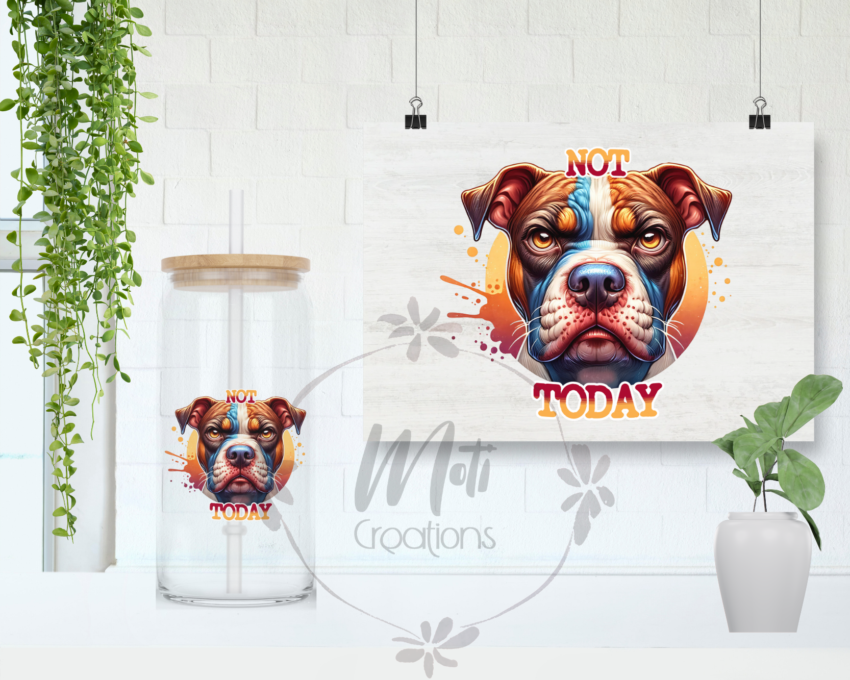 a picture of a dog on a wall next to a plant