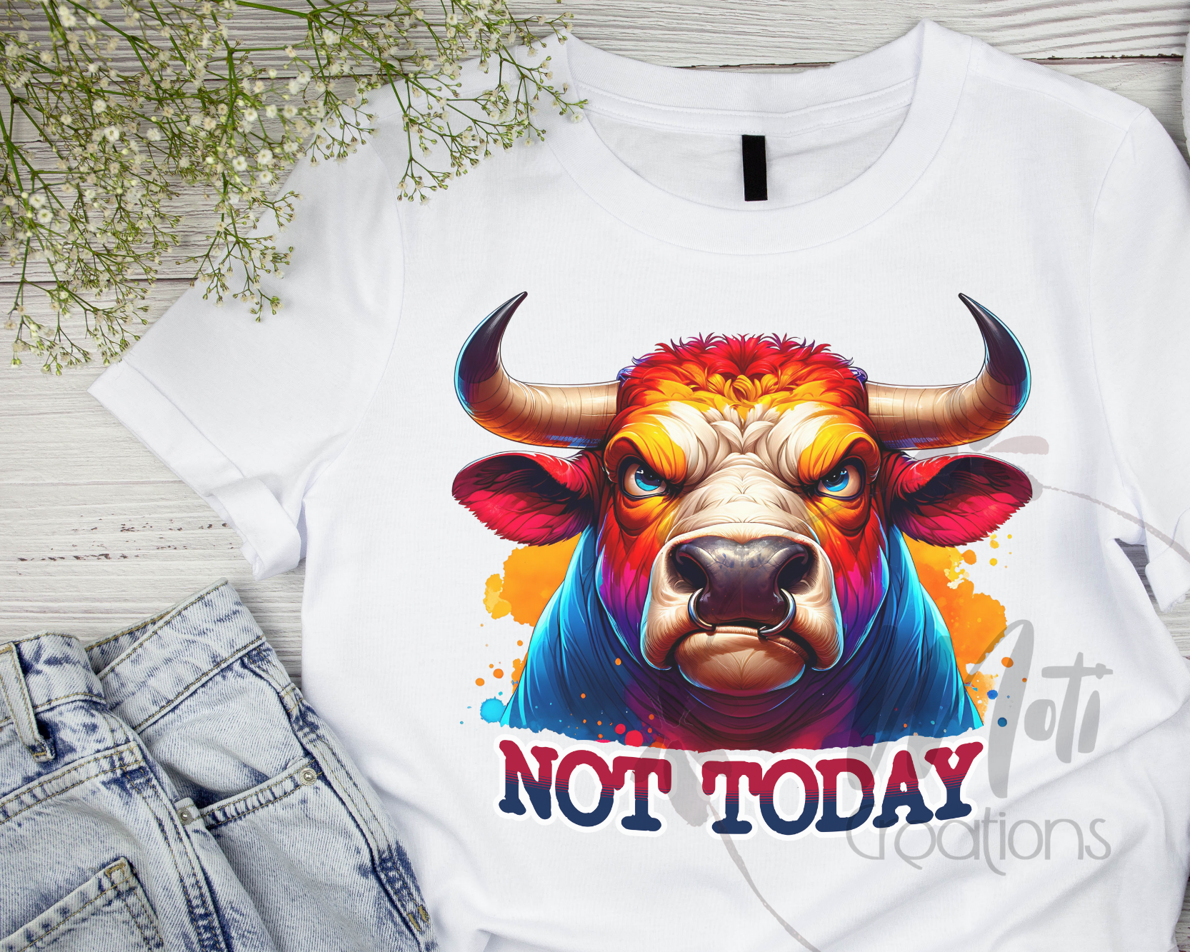 a t - shirt with a picture of a bull with the words not today on