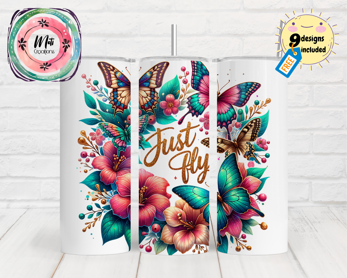 two white tumbles with butterflies and flowers on them