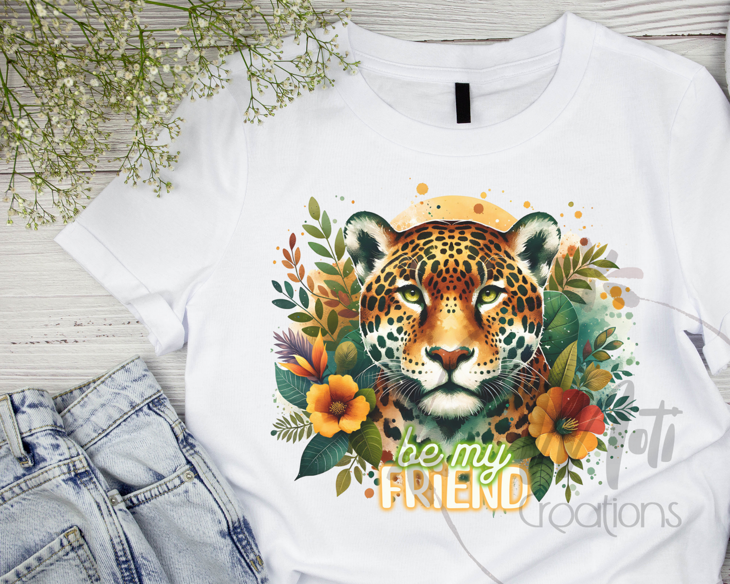 a t - shirt with a tiger and flowers on it