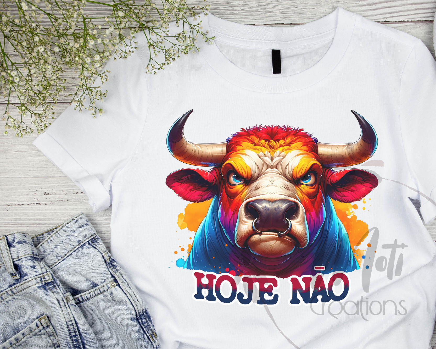 a white t - shirt with a colorful bull's head on it