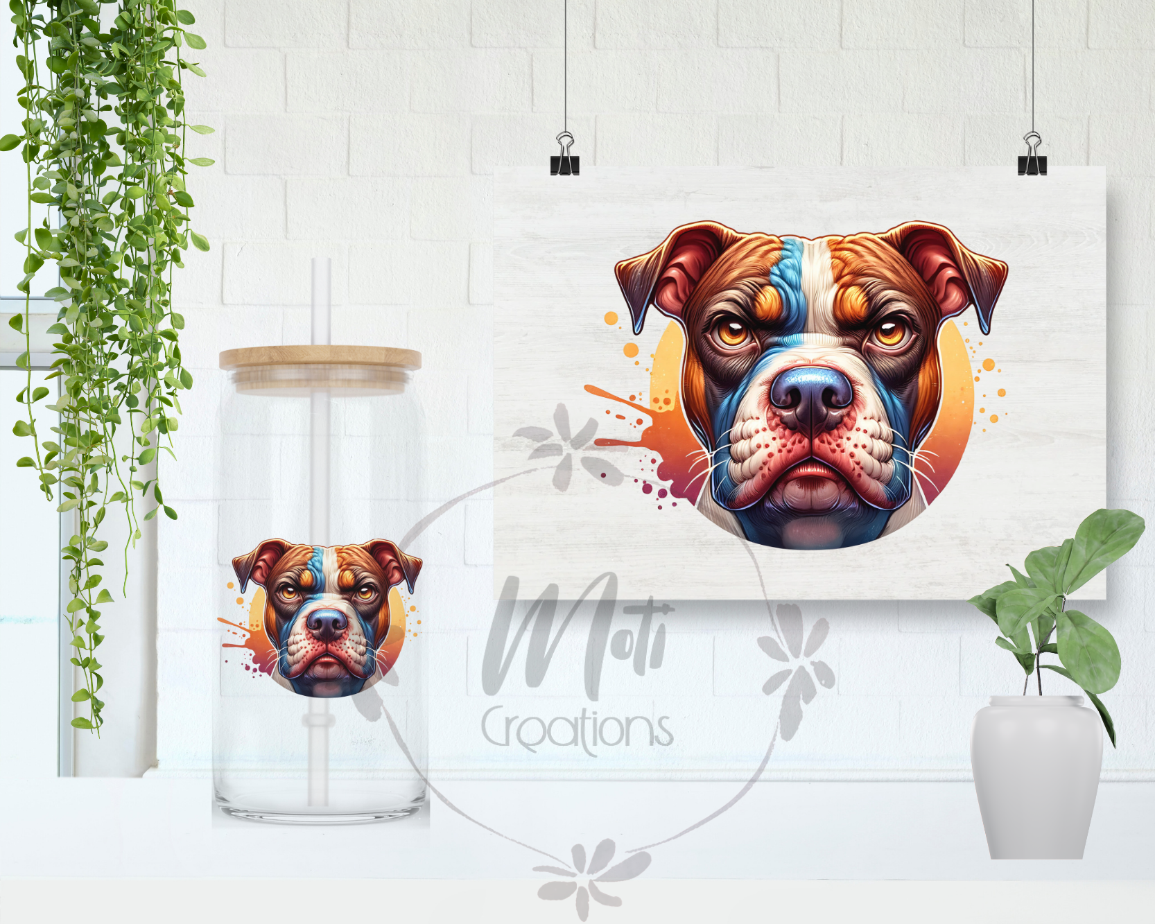 a painting of a dog's face on a wall next to a plant