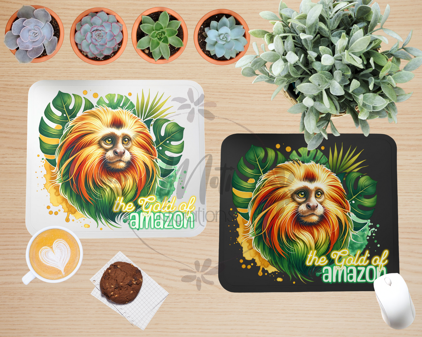 a picture of a lion on a placemat next to a potted plant