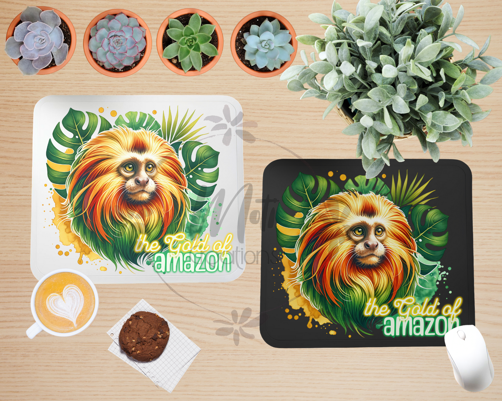 a picture of a lion on a placemat next to a potted plant