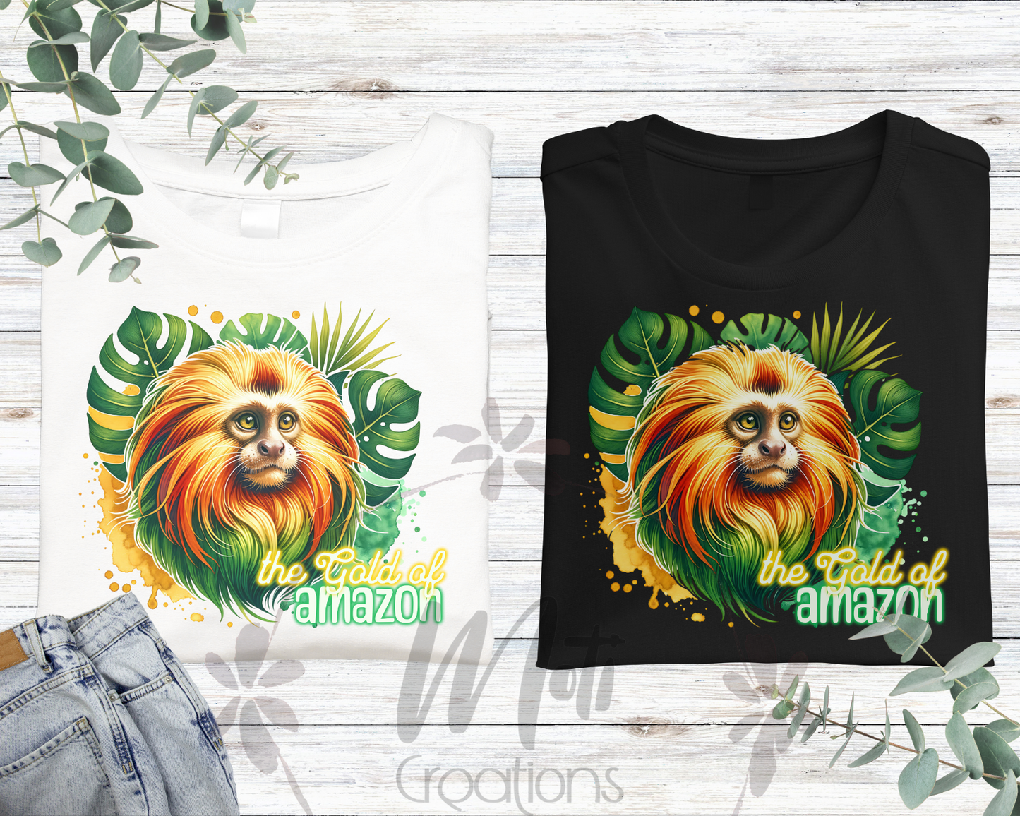 a pair of t - shirts featuring a lion and a monkey