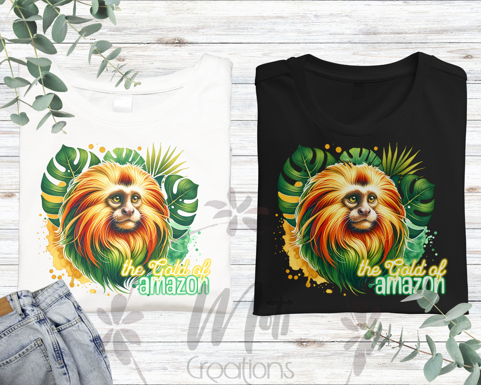 a pair of t - shirts featuring a lion and a monkey