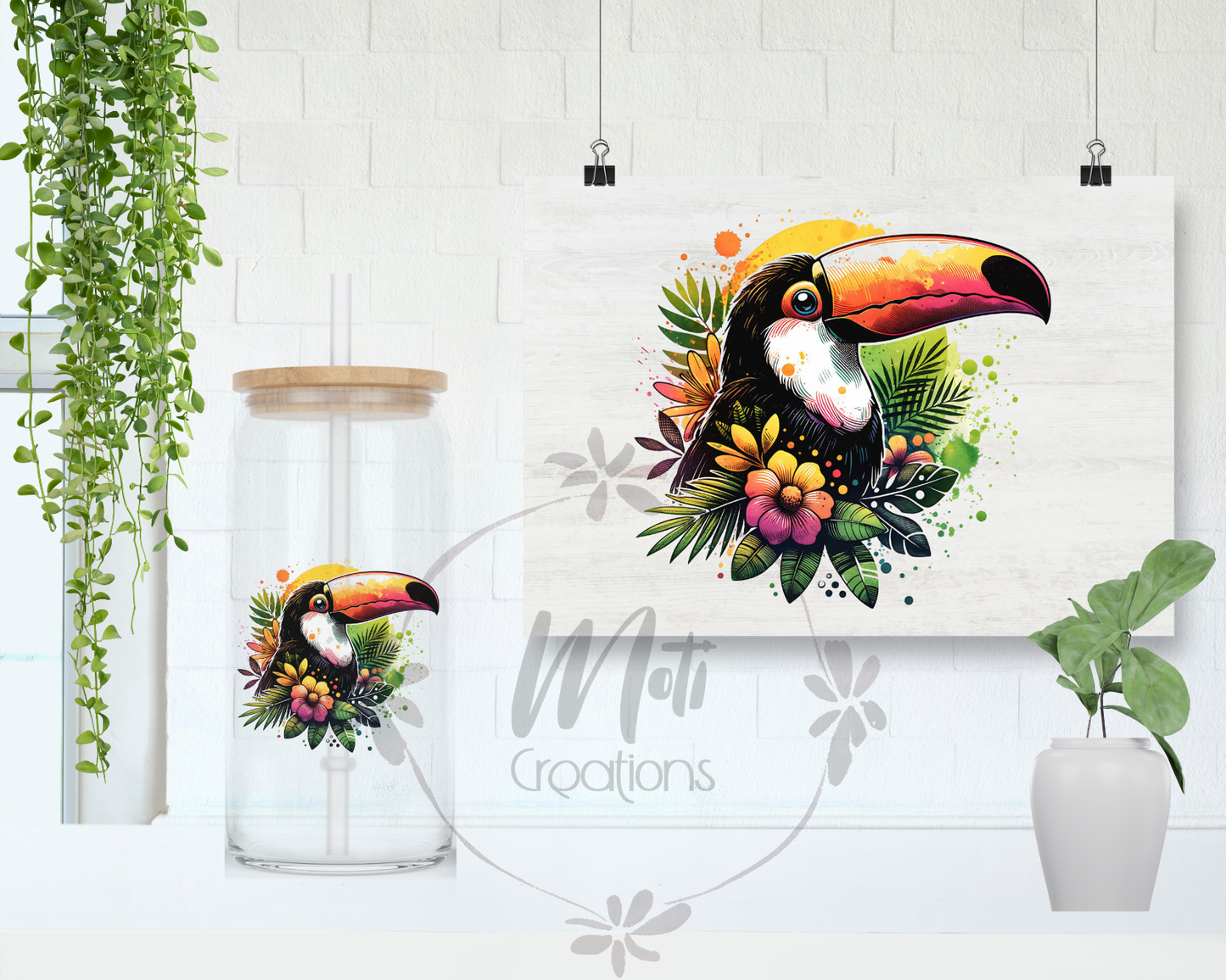a painting of a toucan with tropical flowers and leaves