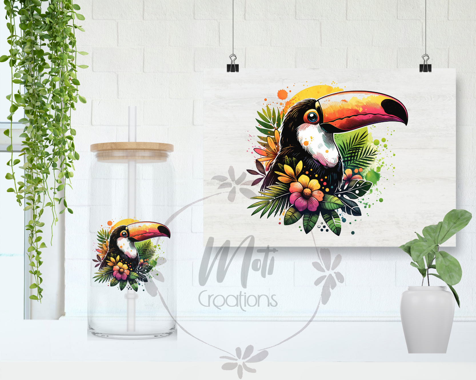a painting of a toucan with tropical flowers and leaves