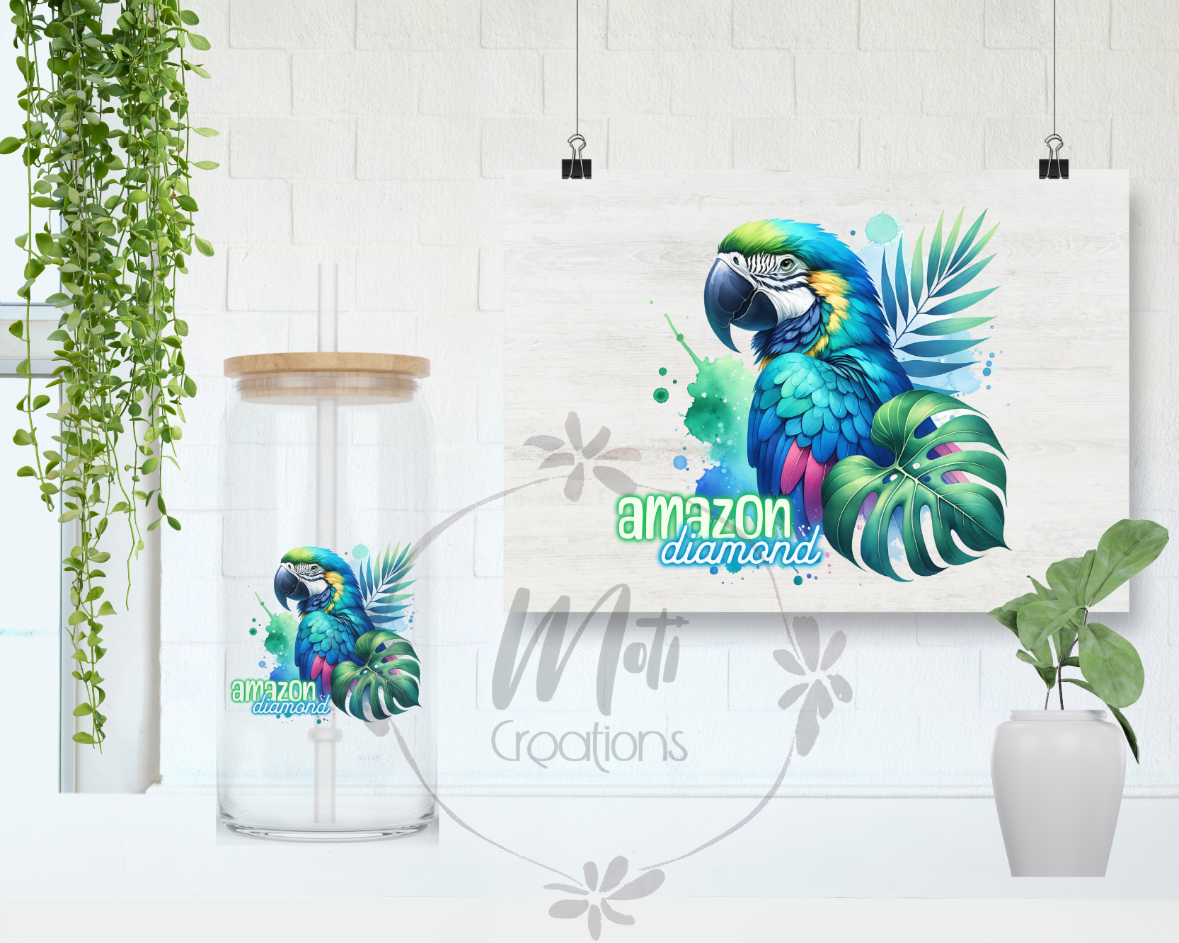 a picture of a blue and green parrot on a white wall